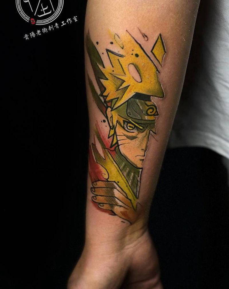 火影人物——鸣人纹身图片_手臂水彩火影忍者纹身图案