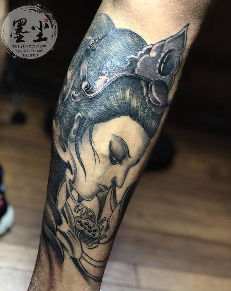 艺伎纹身图片_腿部新传统艺伎艺妓纹身图案