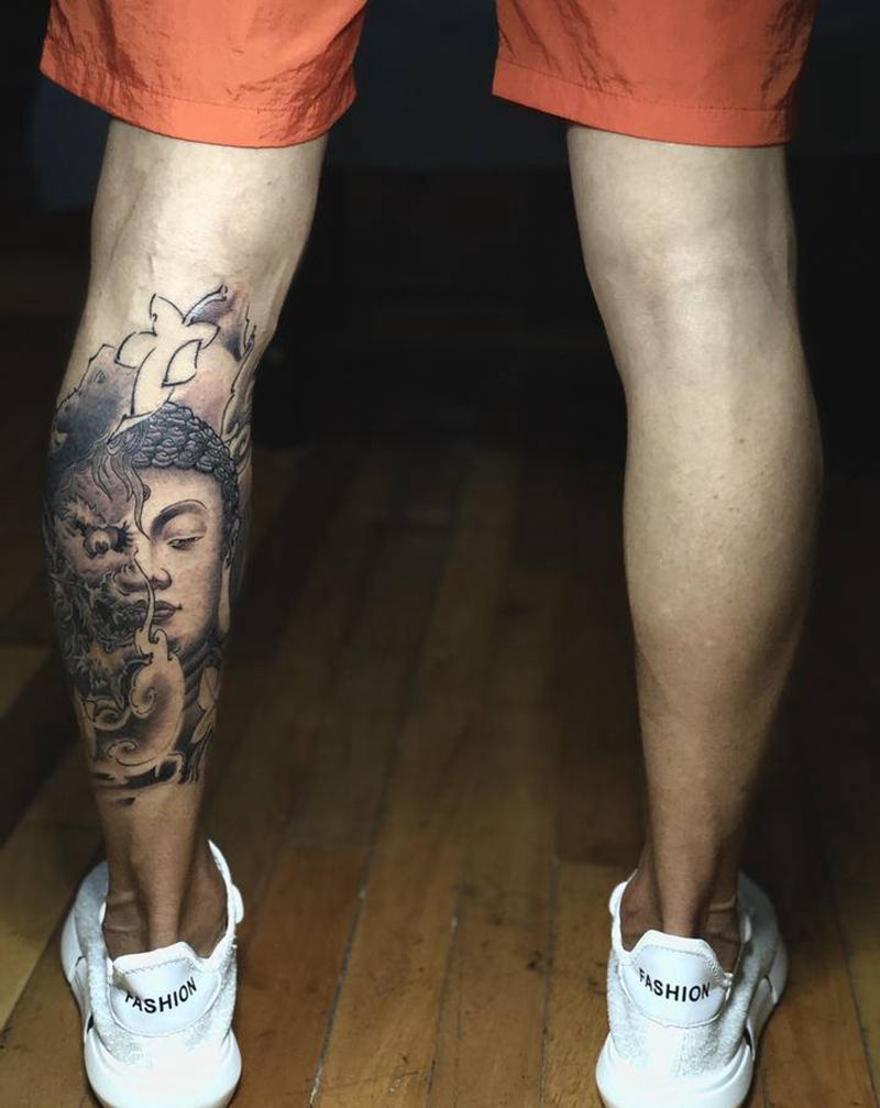 一念之间 佛魔纹身图片_腿部新传统佛魔一念之间纹身图案