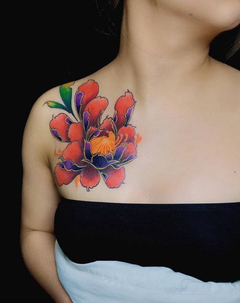 遮盖作品 牡丹纹身图片_胸部新传统牡丹遮盖纹身图案