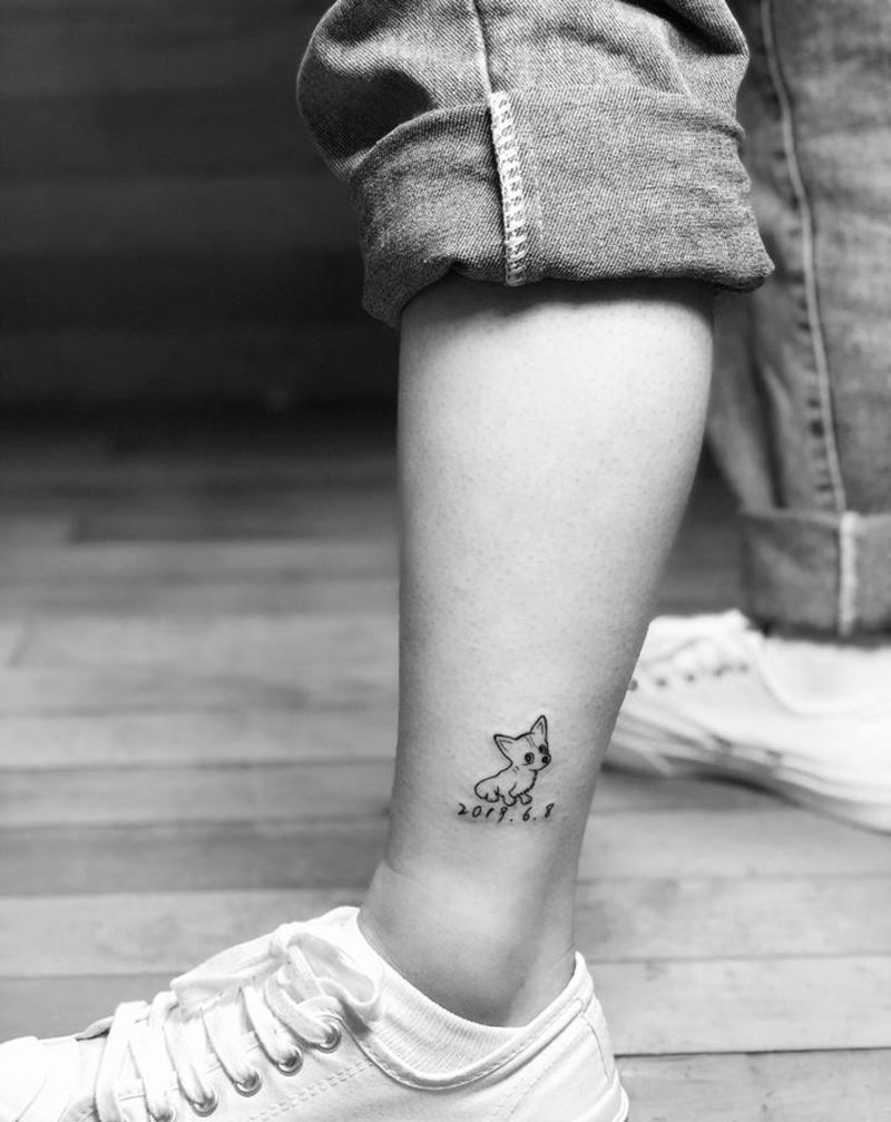 柯基犬简笔纹身图片_脚部几何纹身图案