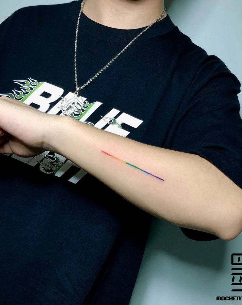 彩虹线纹身图片_手臂水彩纹身图案