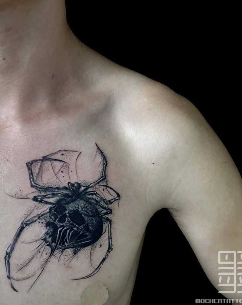 遮盖  骷髅纹身图片_胸部欧美写实暗黑遮盖纹身图案