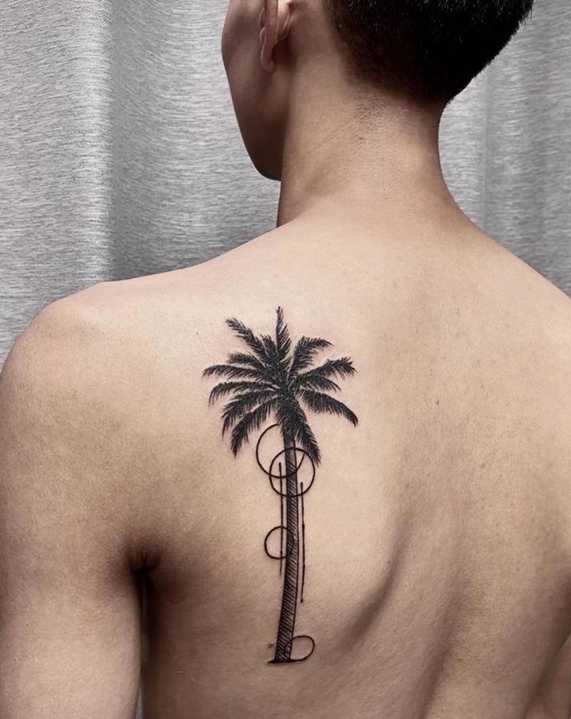 医护人员的椰子树纹身图片_手臂背部点刺几何椰子树棕榈树树纹身图案