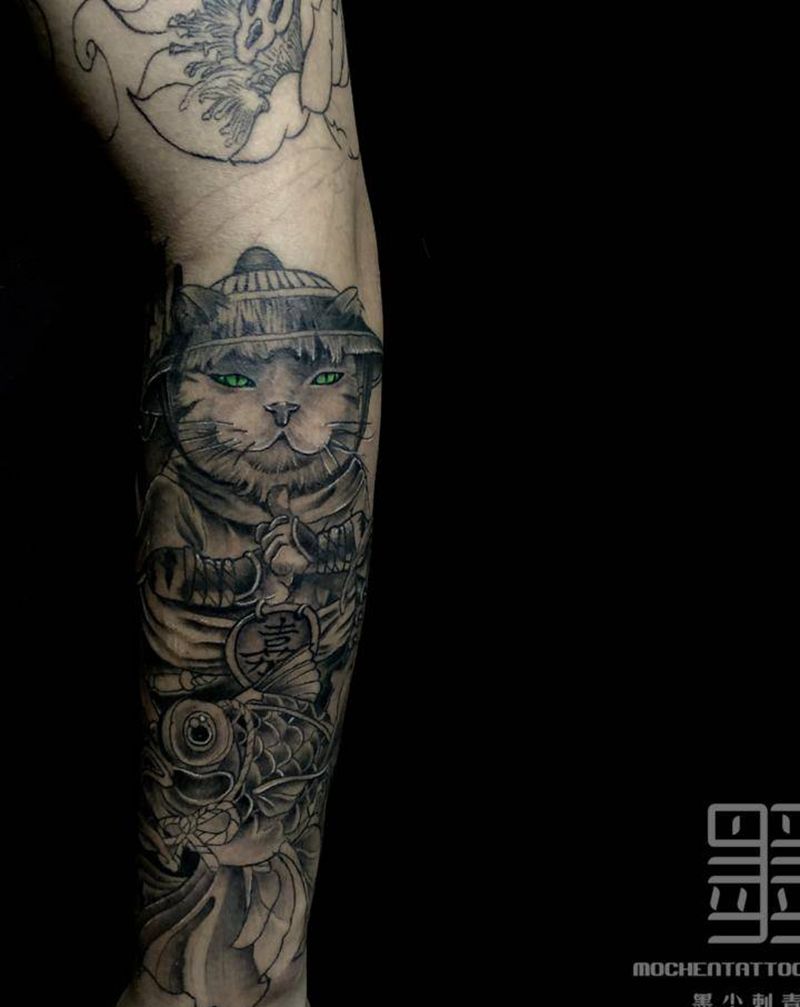 武士猫纹身图片_手臂新传统纹身图案
