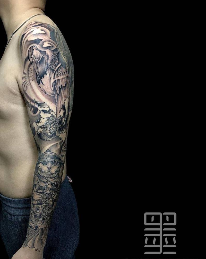 传统 花臂纹身图片_手臂新传统鹤猫如意纹身图案