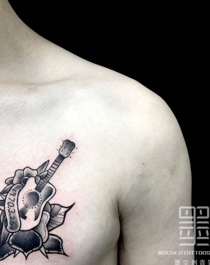 吉他  遮盖纹身图片_胸部Old School吉他遮盖原创纹身图案