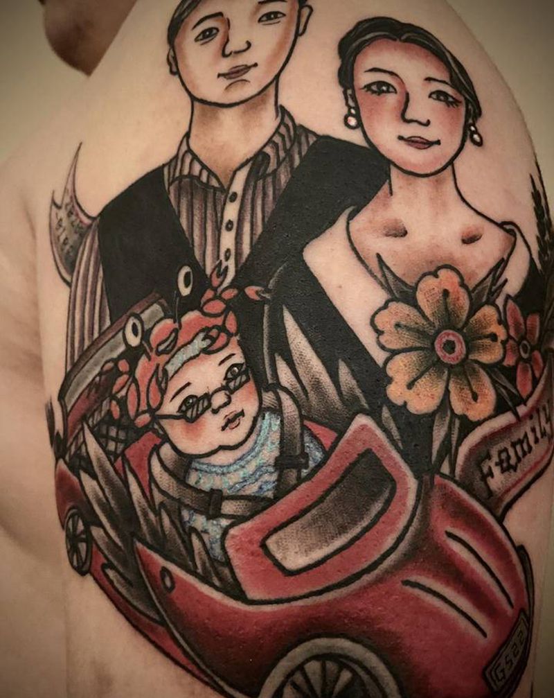 一家三口oldschool纹身图片_手臂Old School肖像手绘定制纹身图案