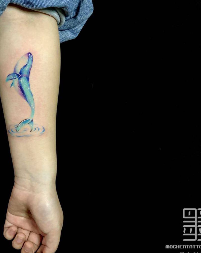 鲸纹身图片_手臂水彩New School鲸鱼纹身图案