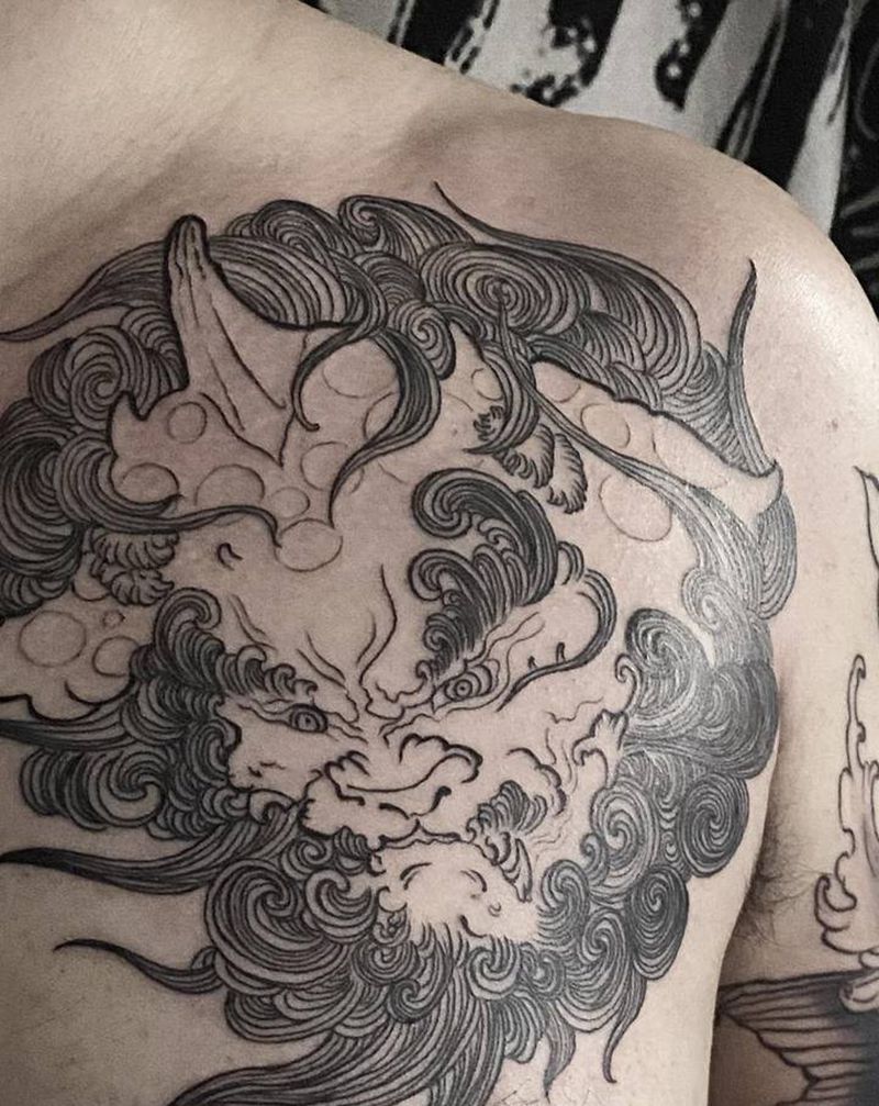 貔貅线条纹身图片_胸部新传统貔貅纹身图案