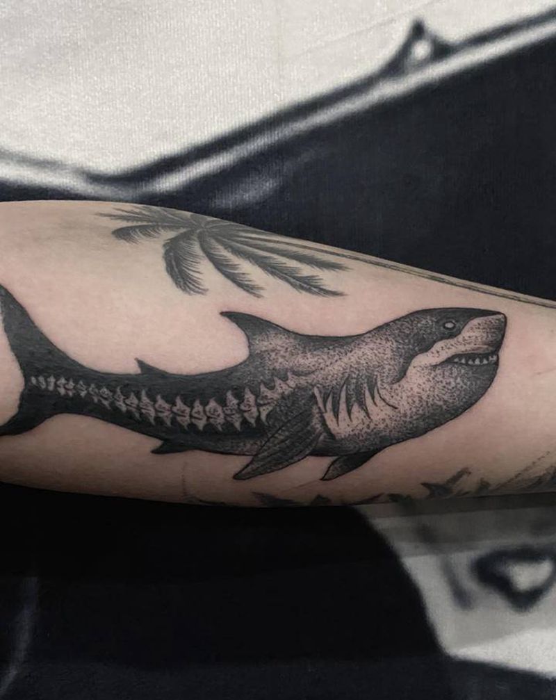 鲨鱼点刺纹身图片_手臂点刺鲨鱼纹身图案