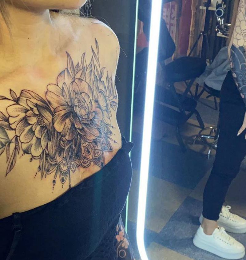 胸口掩盖疤痕（素花完成✅）纹身图片_胸部纹身图案