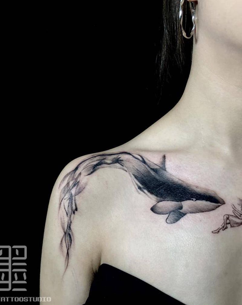 遮盖作品纹身图片_胸部点刺水墨纹身图案