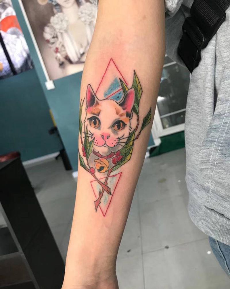 猫纹身图片_手臂新传统纹身图案