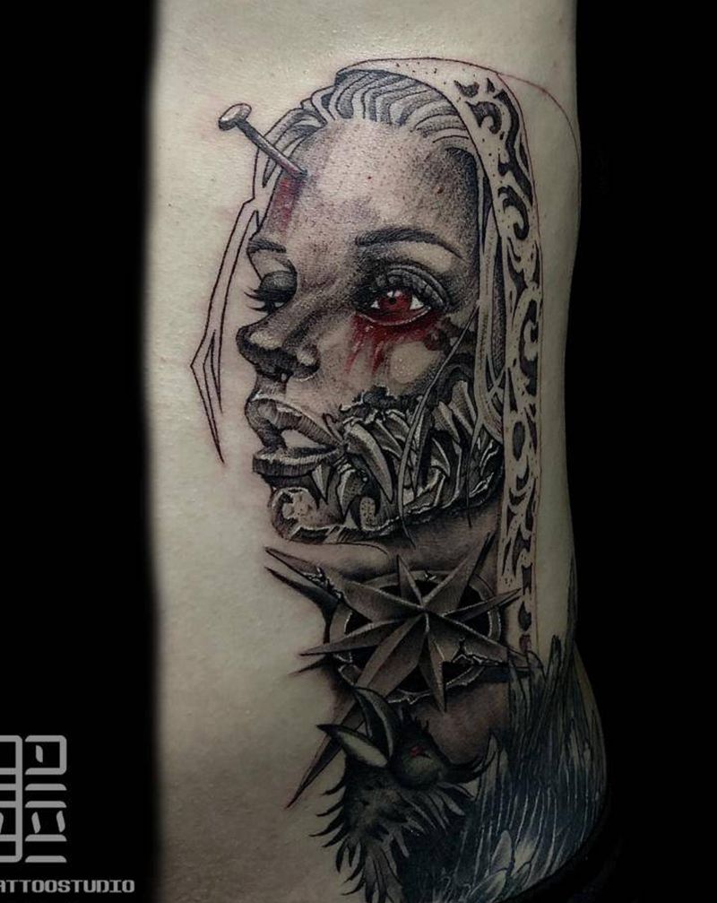 暗黑系遮盖（未完）纹身图片_腰部欧美写实暗黑恐怖纹身图案