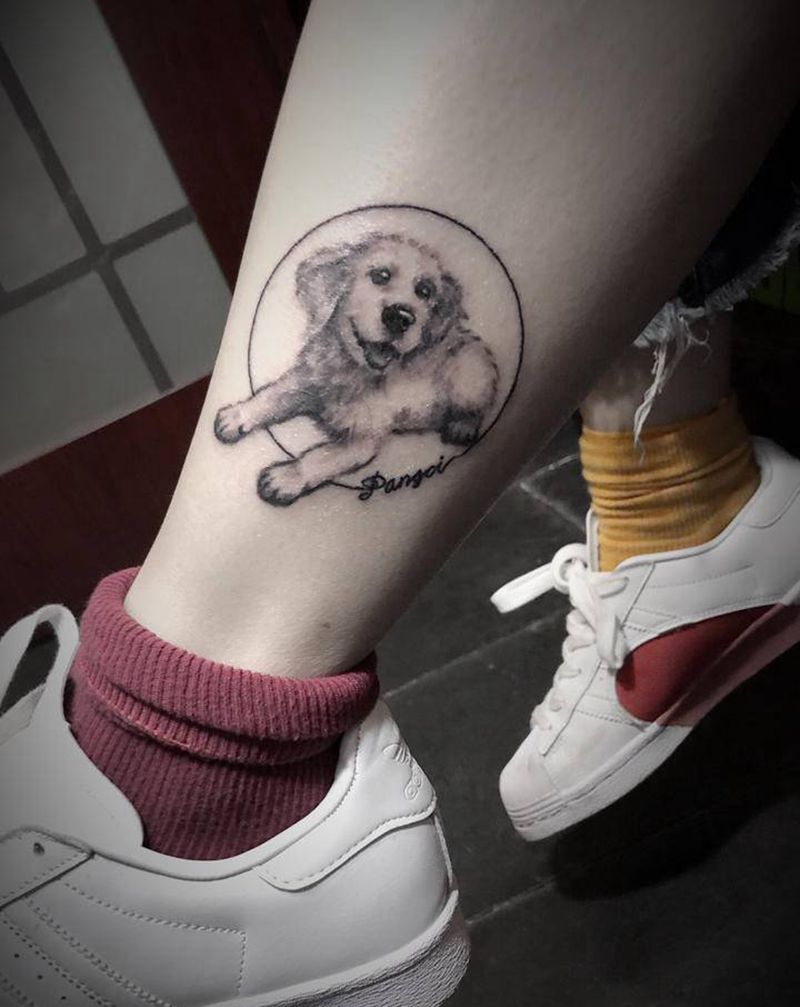 写实小狗纹身图片_肩部腿部欧美写实几何纹身图案