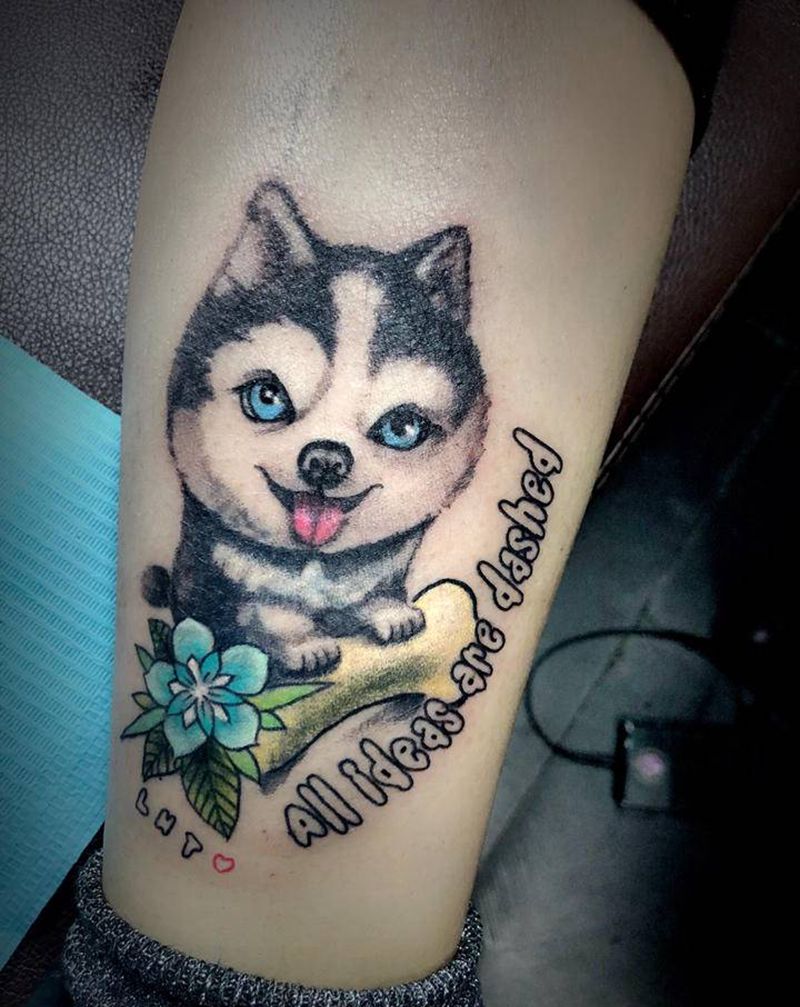 小狗纹身图片_腿部水彩纹身图案