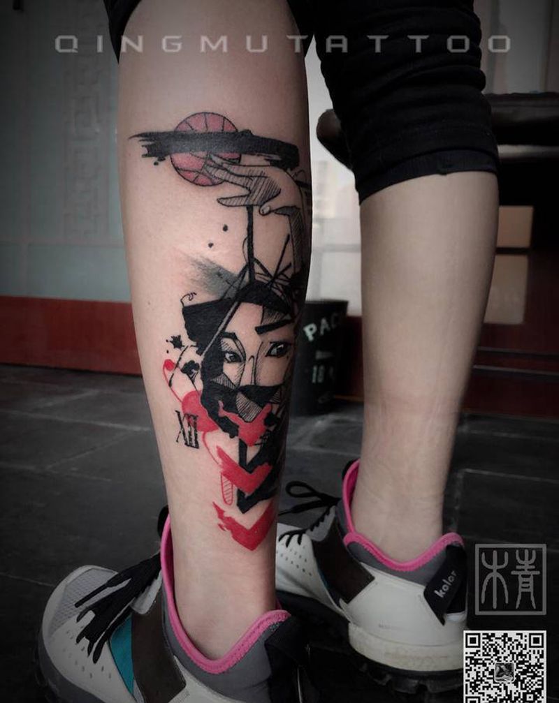 篮球纹身图片_腿部水彩几何纹身图案