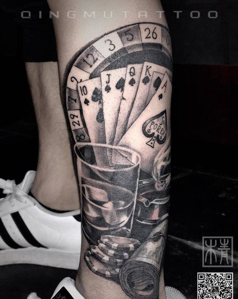 扑克牌纹身图片_腿部欧美写实纹身图案
