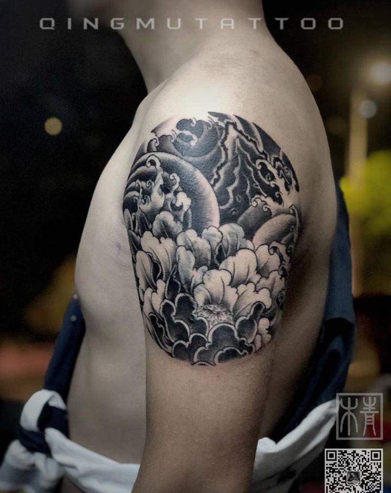 传统牡丹纹身图片_手臂新传统纹身图案