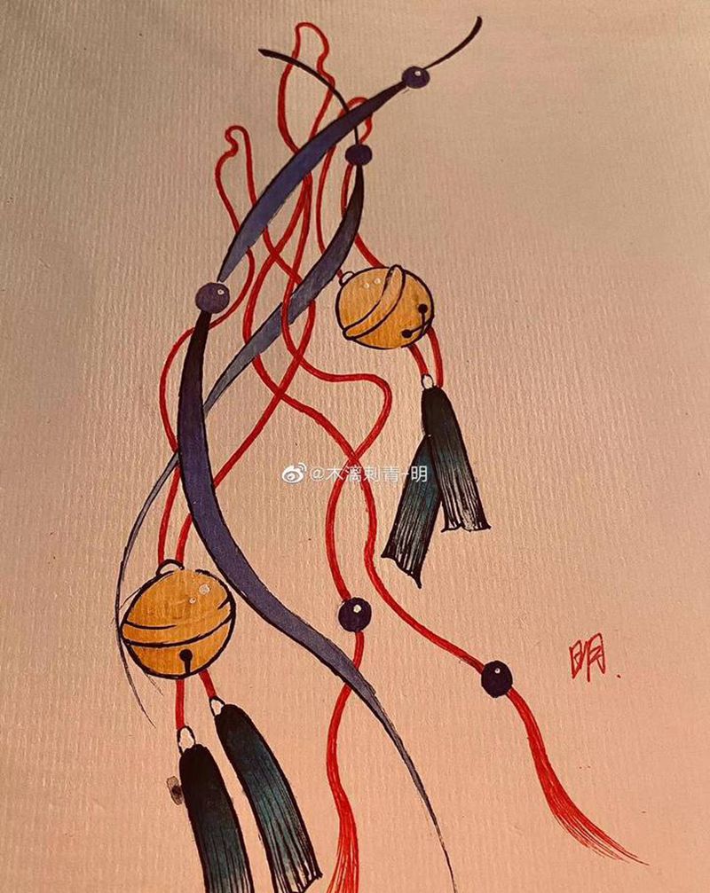 彩带铃铛纹身图片_背部老传统彩带纹身图案