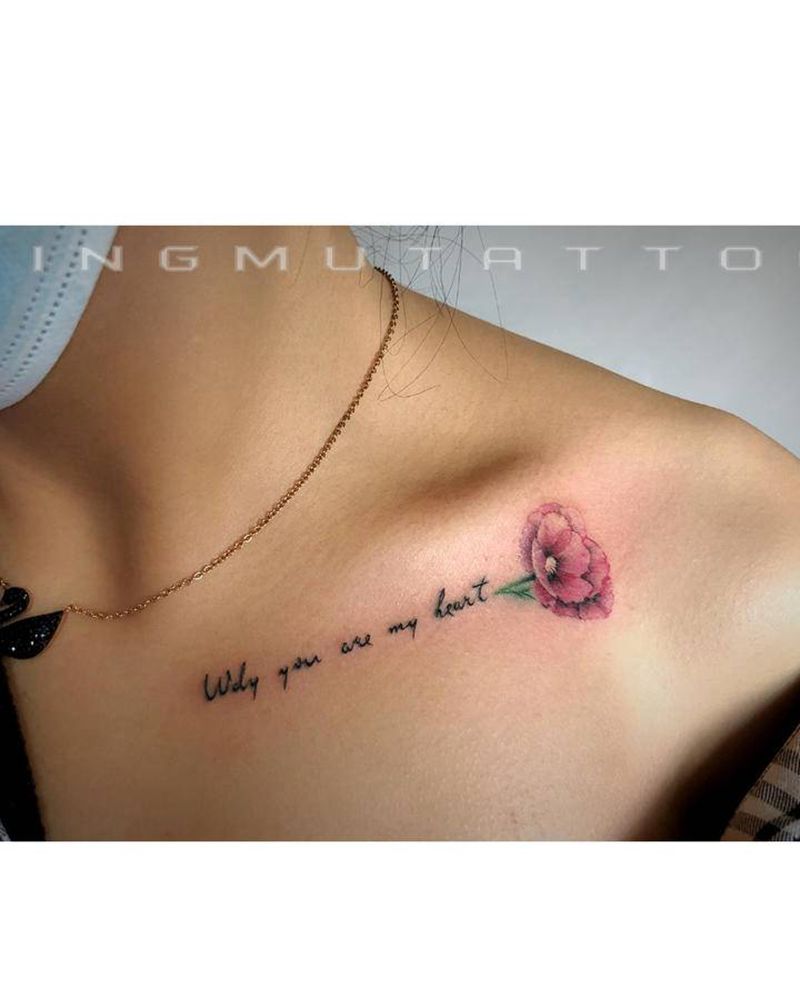 锁骨小清新纹身图片_肩部水彩花体字纹身图案