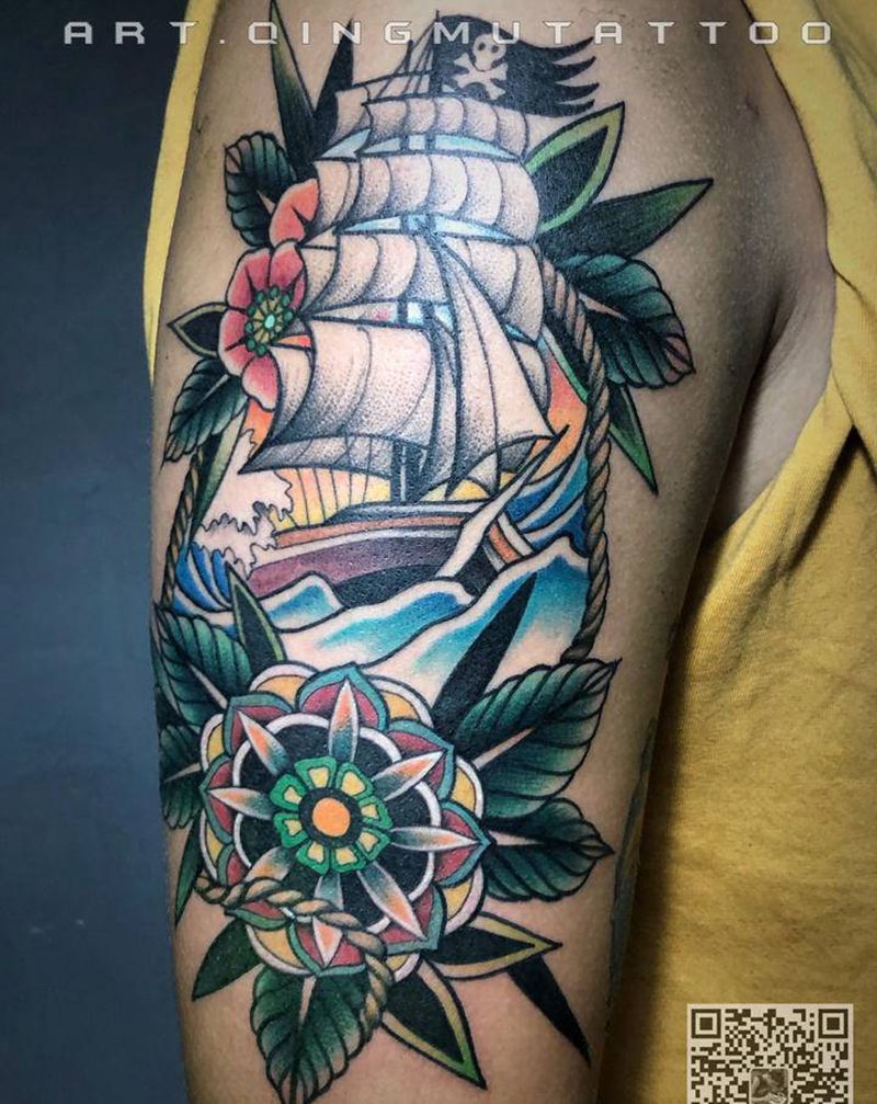 Old school 帆船纹身图片_手臂Old School纹身图案