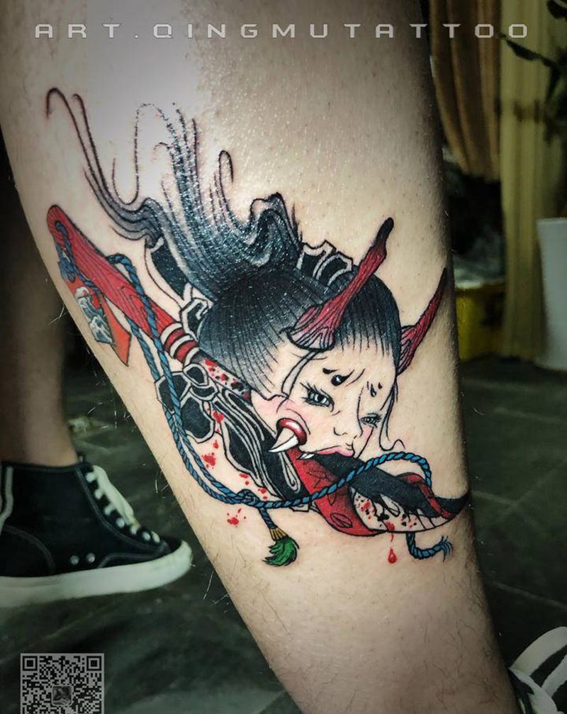 日式生首纹身图片_腿部新传统纹身图案