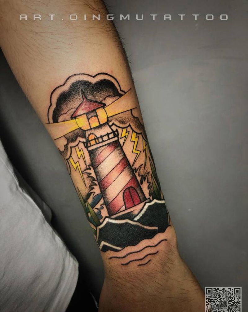 Old school灯塔 遮盖纹身图片_手臂Old School纹身图案