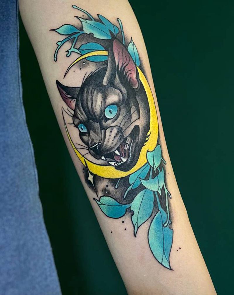 newschool纹身图片_手臂New School猫月亮纹身图案