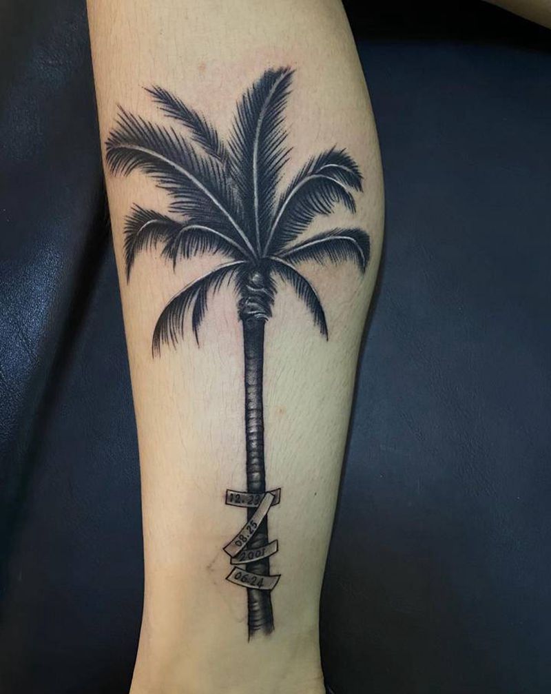 椰子树纹身图片_腿部树椰子树纹身图案