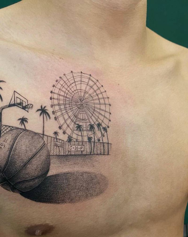 篮球梦纹身图片_胸部点刺篮球纹身图案