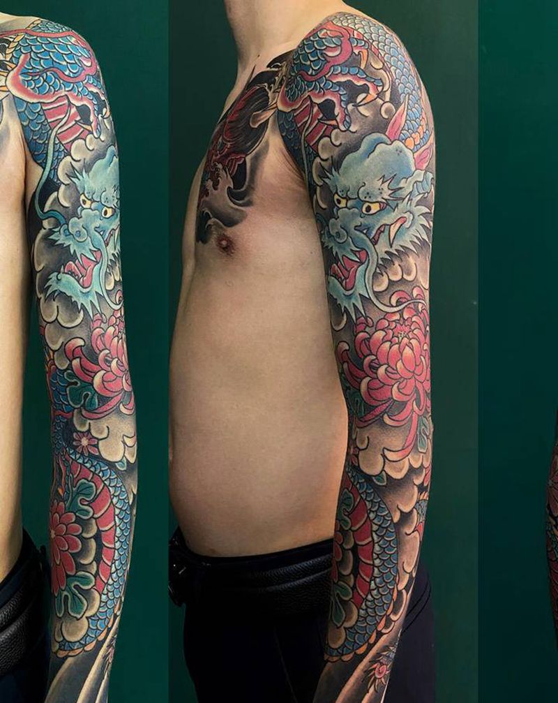 老传统花臂纹身图片_手臂胸部老传统龙般若纹身图案