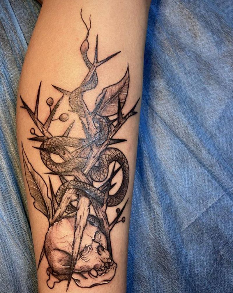 骷髅荆棘纹身图片_腿部New School点刺荆棘纹身图案