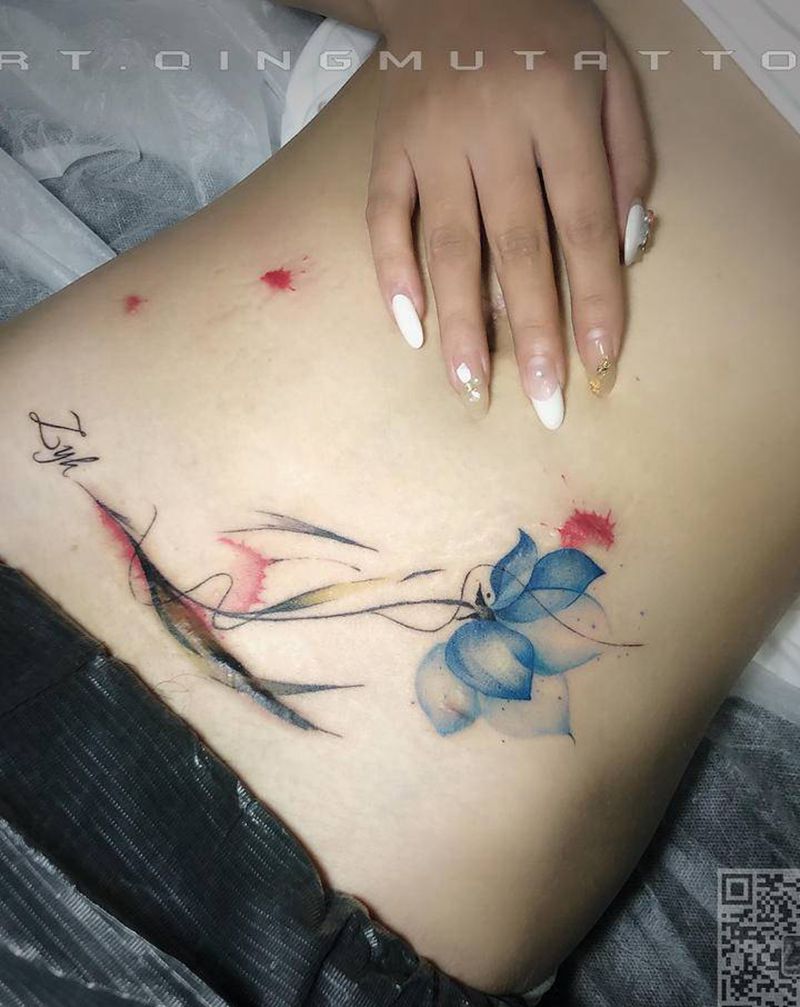 疤痕遮盖（未完）纹身图片_腹部水彩纹身图案