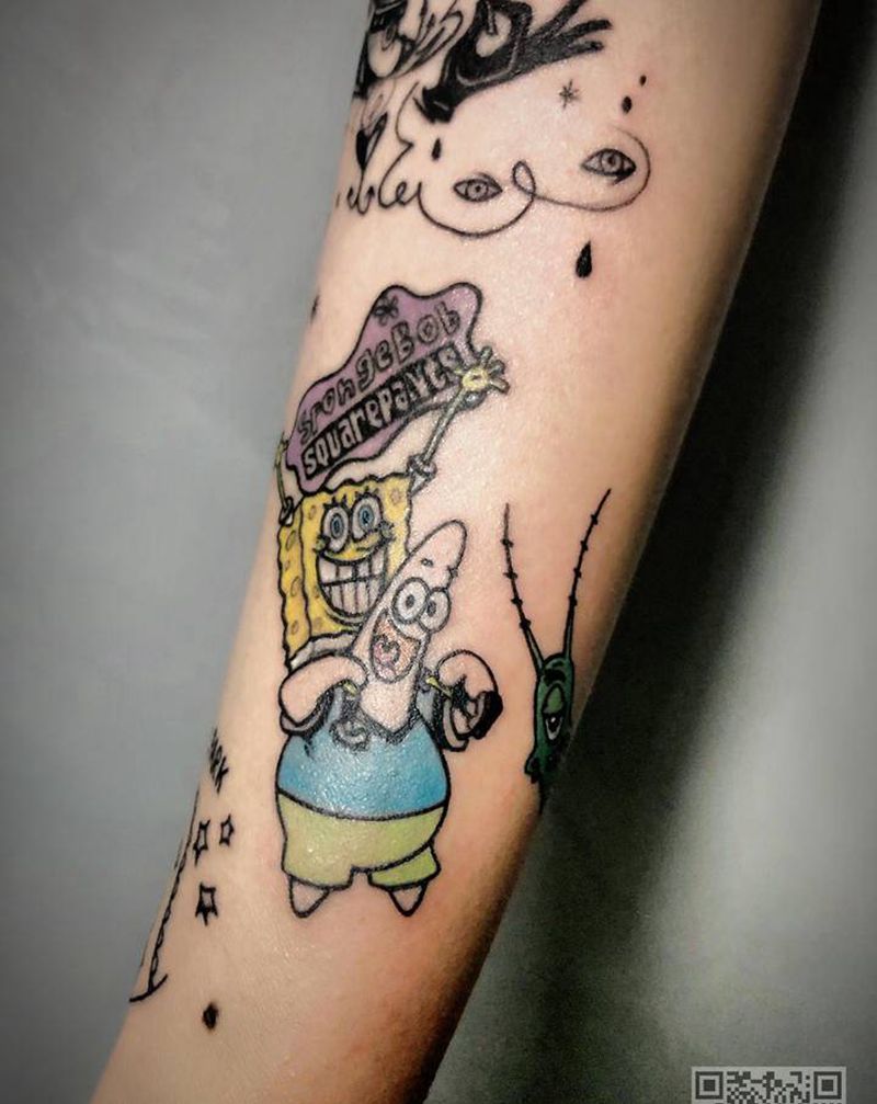 海绵宝宝纹身图片_手臂水彩纹身图案