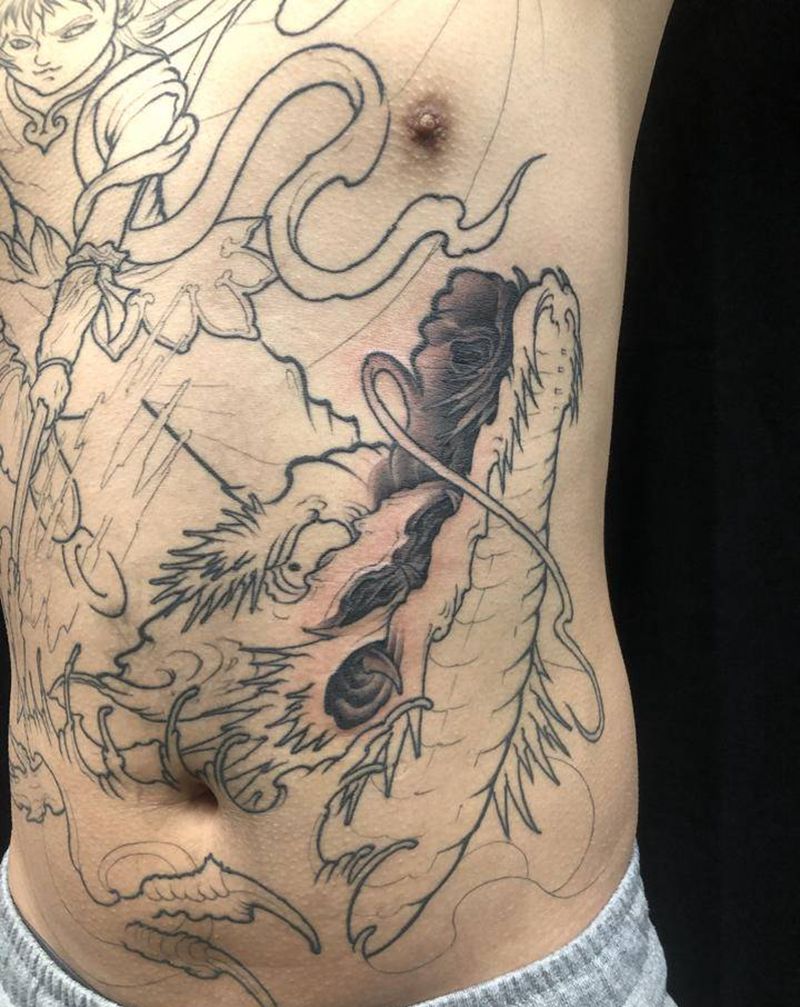 哪吒 社会 图纹身图片_腹部新传统人物 龙纹身图案