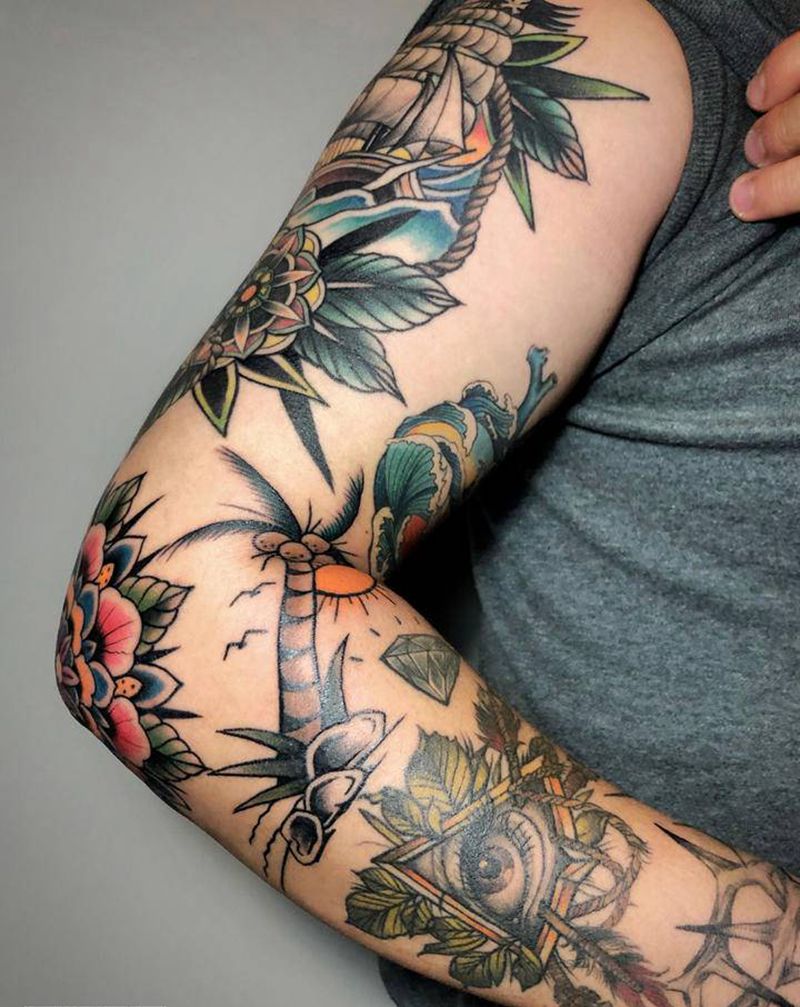 School花臂拼接未完纹身图片_手臂Old School纹身图案