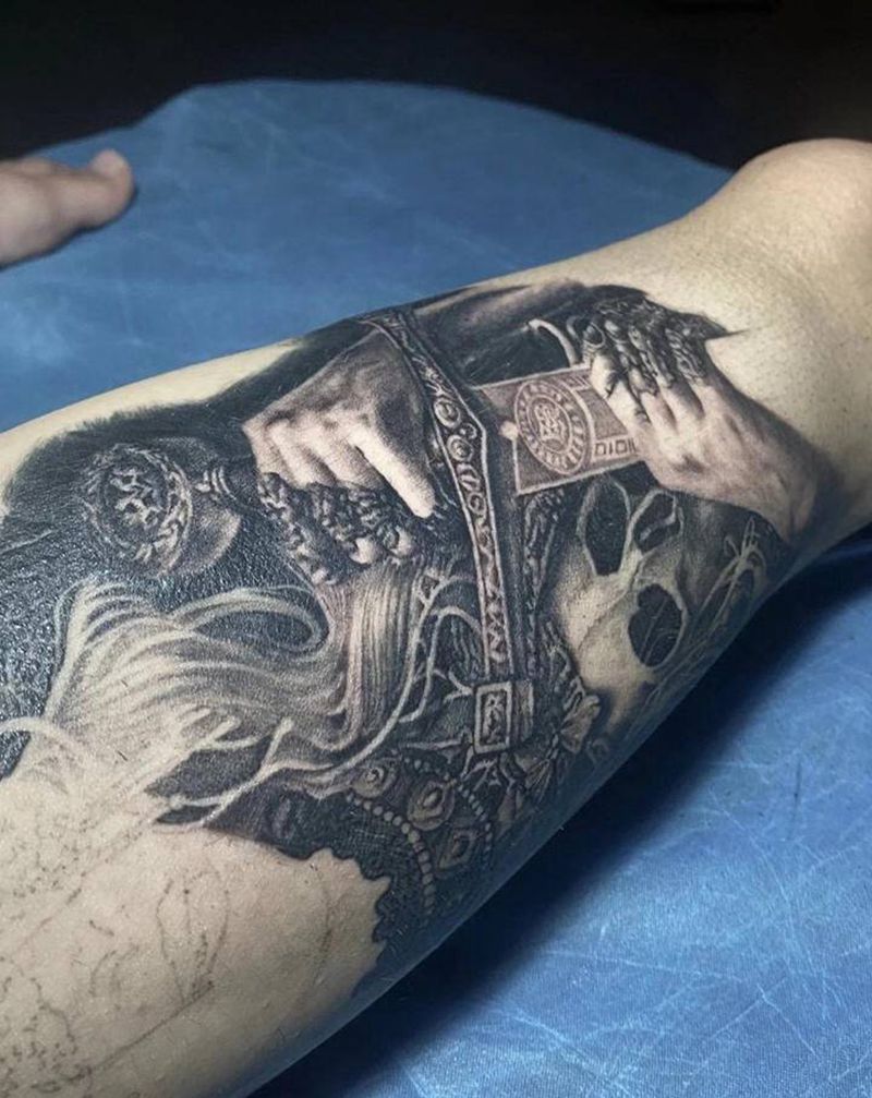 我的眼睛是怎么瞎的纹身图片_腿部欧美写实纹身图案