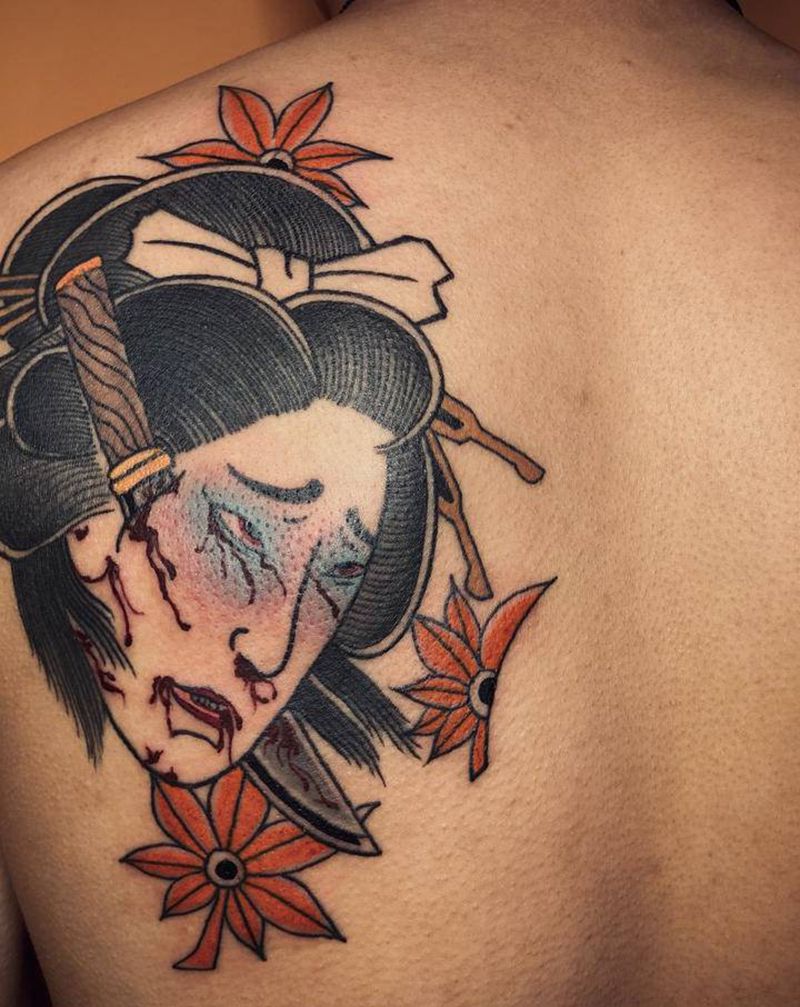 生首纹身图片_肩部背部老传统纹身图案