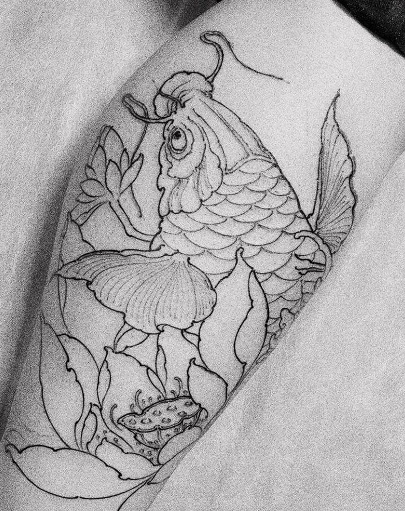 新传统鲤鱼线条纹身图片_腿部新传统纹身图案