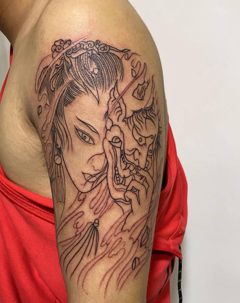 艺妓线条纹身图片_手臂纹身图案