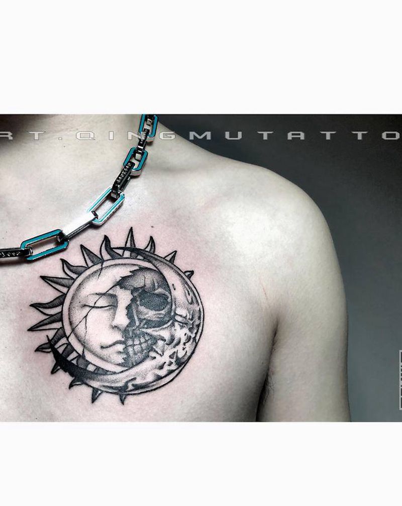 太阳&月亮纹身图片_胸部欧美写实纹身图案