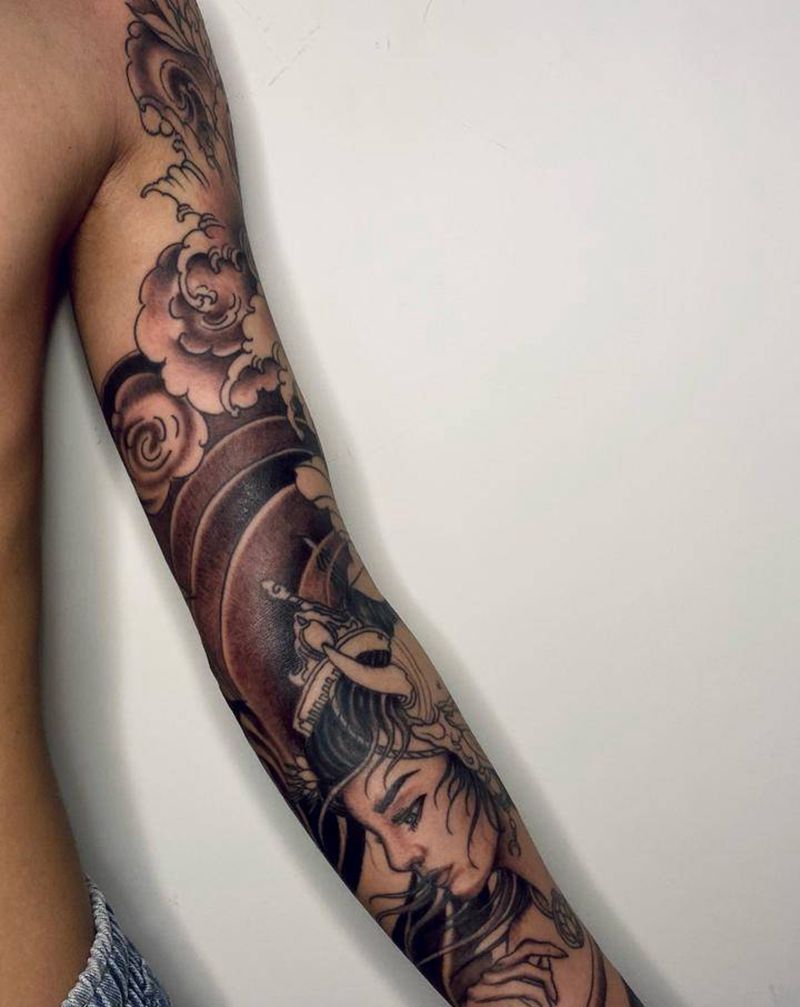 新传统花臂未完纹身图片_手臂新传统艺姬纹身图案