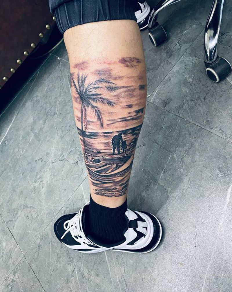 父爱如山纹身图片_腿部欧美写实纹身图案