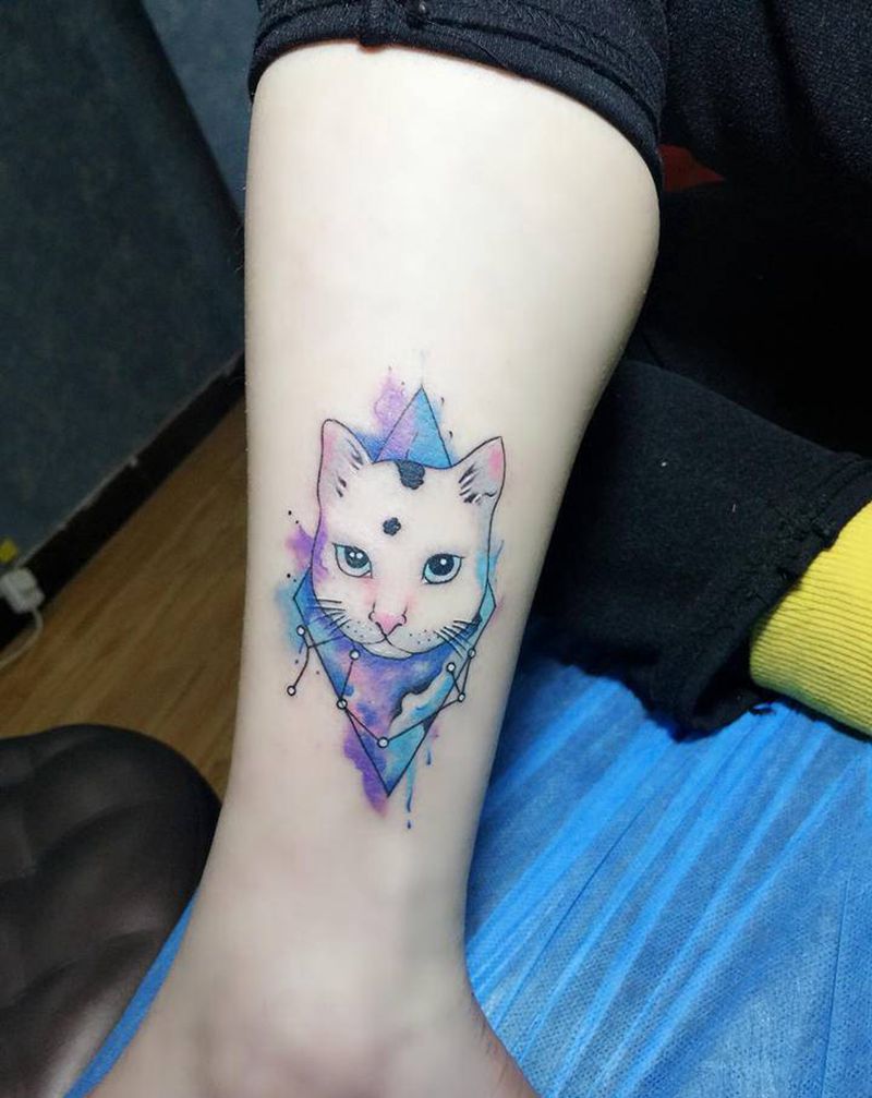 水彩小猫纹身图片_水彩纹身图案