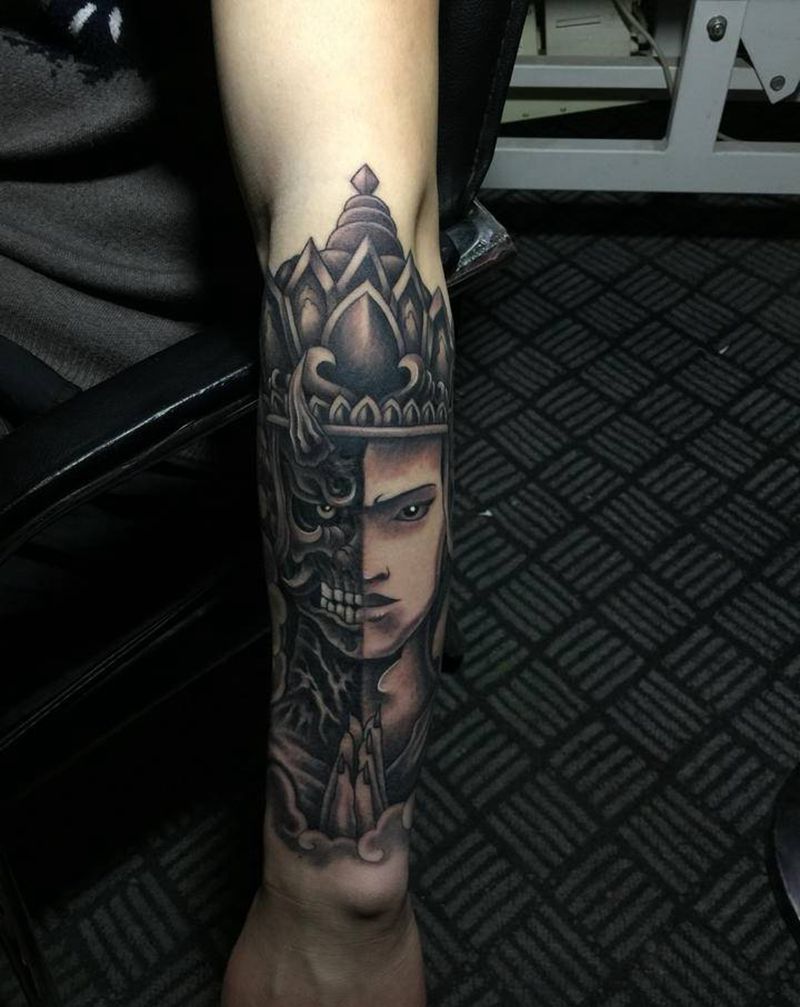 小臂 善恶纹身图片_传统纹身图案