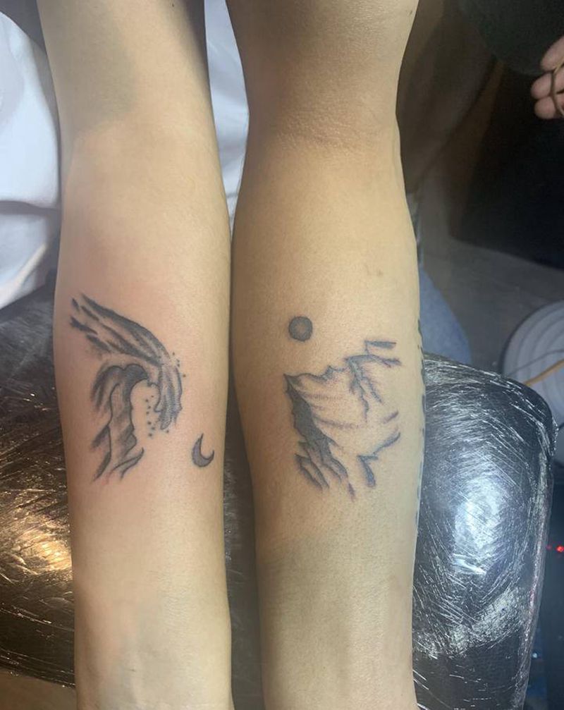 山海情侣纹身纹身图片_手臂山海纹身图案