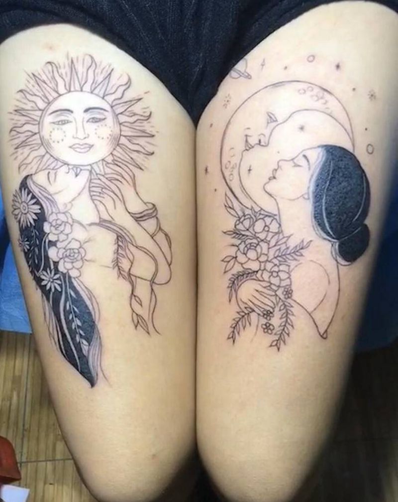 太阳 月亮纹身图片_腿部纹身图案