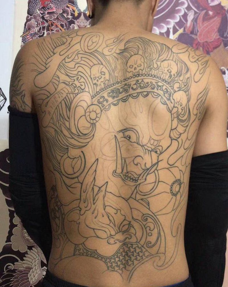 大黑天，恢复后的效果纹身图片_背部纹身图案